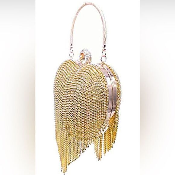 Luxury Heart Shape Rhinestone Tassel Evening Clutch Bag Party Purse Valentine’s - Picture 3 of 6